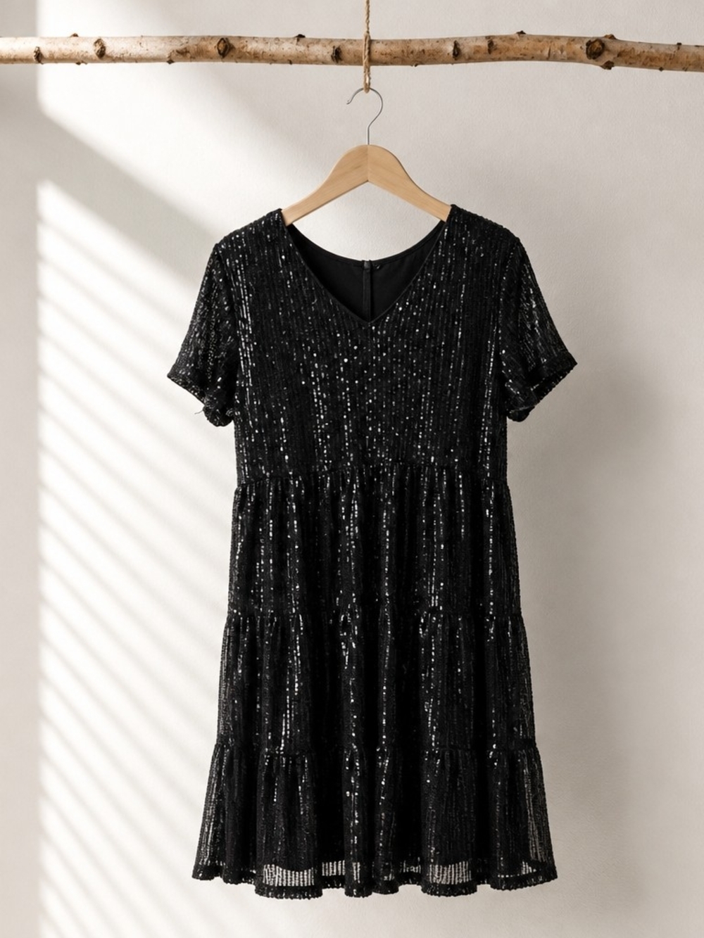 Cupshe Black Sequin V-Neck Tiered Mini Dress